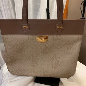 Nina Ricci Paris Monogrammed Tote Bag Brown Leather Trim‎
